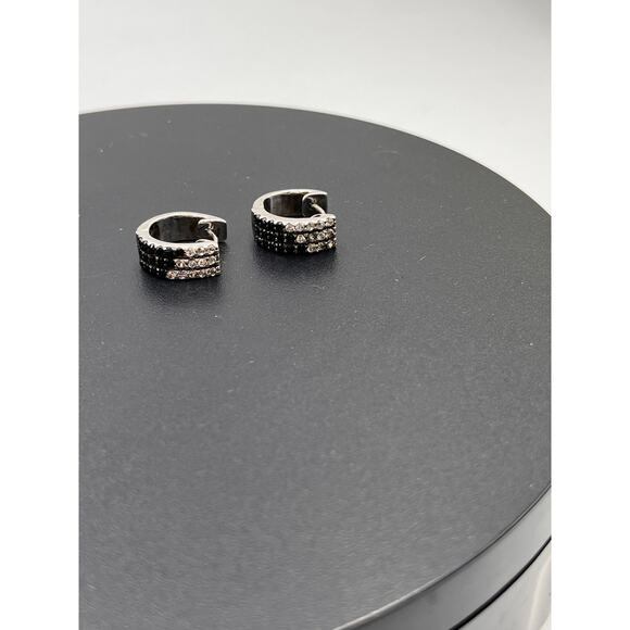 Sterling Silver Designer Signed Huggie Hoops Black and Clear CZ Earrings - Picture 9 of 9